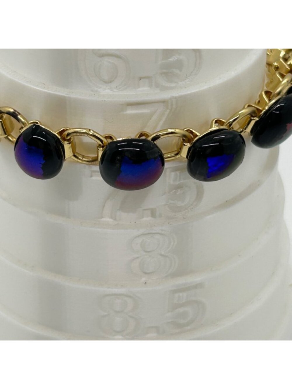 Vintage Gold-Tone Bracelet With Iridescent Dichroic Glass Beads Blue Purple - Picture 15 of 16